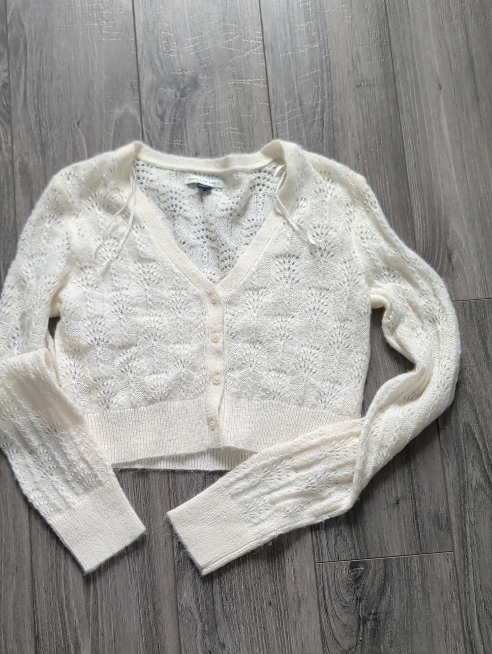 American Eagle Outfitters Cream Openwork V-Neck Button Cardigan